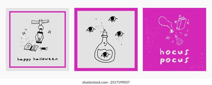 set of halloween postcard. Decoration carnival elements. Mystical magic collection cards. Trendy modern doodle vector illustration. hand-drawn vector art