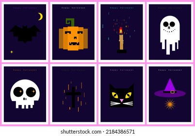 Set of Halloween postcard templates. Cartoon flat characters and objects: bat, Jack lantern, candle, ghost, skull, cross, black cat, pointed witch hat. Happy Halloween concept.