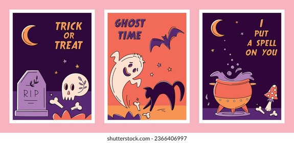 Set of halloween postcards with candle, decorated skull, bones, ghost, black cat, bat, witches cauldron, fly agaric, moon and stars. Night at the cemetery. Vector illustration