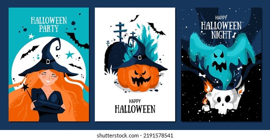 Set of halloween postcards with cute witch, moon, magic wand, bats, cemetery, crosses, devil pumpkin, ghost, skull, bones, spiders and candles.Vector template for card, poster, flyer, banner and other