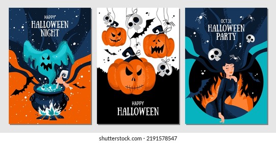 Set of halloween postcards with ghost, magic potion, witch's cauldron, cute witch, she-devil, devil pumpkins, skulls, bonfire, spiders, bats.Vector template for card, poster, flyer, banner and other