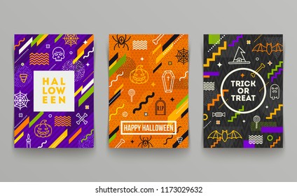 Set of Halloween poster, banner or greeting card. Collection of pattern with Halloween linear signs, symbols  and abstract different shape.