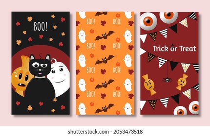 Set of Halloween poster, postcards and frame leaflet, web banner. Vector illustration template with halloween ghost, candy, bat and funny pumpkin. Trick or treat banner design