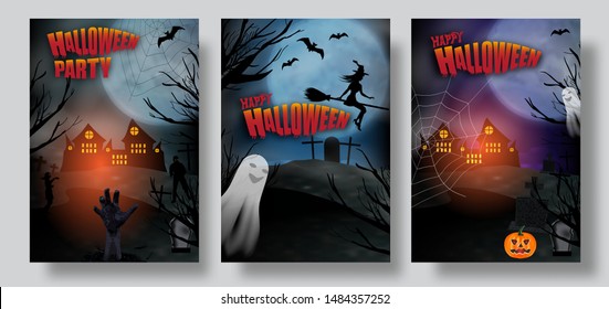 Set Halloween posters or banners dark background graveyard with ghost and zombie hand, young witch flying decoration pumpkin. Vector illustration.