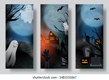 Set Halloween posters or banners, graveyard with ghost and zombie hand. Vector illustration.