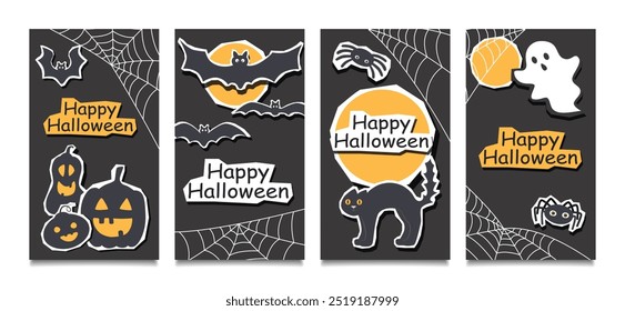 Set of Halloween posters. Halloween black cards with characters. Halloween stories.