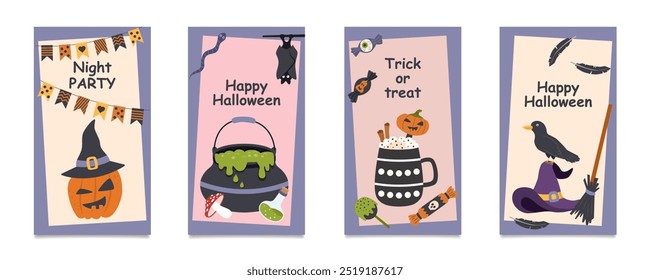 Set of Halloween posters. Halloween cards with Halloween elements. Halloween stories.