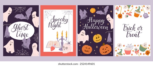 Set von Halloween-Postern oder -Karten. Illustration mit handgezeichneten Süßigkeiten, Bonbons, gespenstischen Elementen und kalligraphischen Schriftzügen. Bizarres Design von Artikeln für Halloween auf weißem Hintergrund