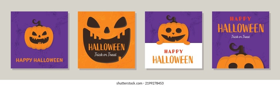 Set of Halloween posters with creepy pumpkin. Vector illustration
