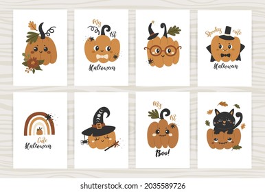 Set of Halloween posters with cute pumpkins. Perfect for kids bedroom, nursery decoration, posters and wall decorations