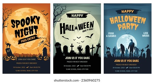 Set of Halloween posters features a variety of spooky and haunted images, The posters include a variety of elements, such as pumpkins, ghosts, bats, zombies and spiders.