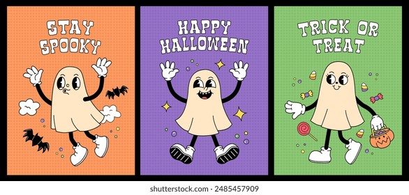 Conjunto de afiches de Halloween con fantasmas en un estilo retro de dibujos animados. Colección de tarjetas de felicitación de Halloween. Mantente espeluznante, feliz Halloween, truco o trato. Ilustración vectorial