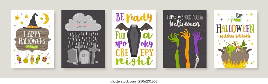 Set of Halloween posters or greeting card with holiday sign, symbols and type design. Vector illustration.