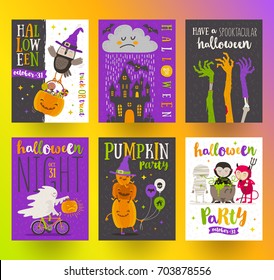 Set of Halloween posters or greeting card with cartoon characters, holiday sign, symbols and type design. Vector illustration.