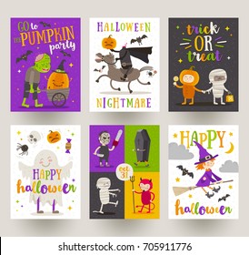 Set of Halloween posters or greeting card with cartoon characters, holiday sign, symbols and type design. Vector illustration.