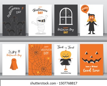 Set of Halloween Posters invitation cards,poster,template,greeting cards,cute,animal,Vector illustrations