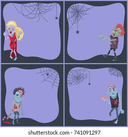 Set of Halloween posters with male and female monsters and zombies and spider's net. Vector illustration with scary creatures on purple background