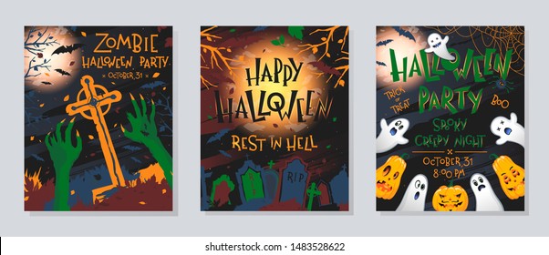Set of Halloween posters with pumpkins,ghosts,graveyard,full moon,dead trees and bats.Halloween design perfect for prints,flyers,banners invitations,greetings.Vector Halloween illustrations.
