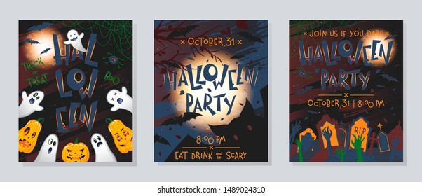 Set of Halloween posters with pumpkins,ghosts,graveyard,full moon,dead trees and bats.Halloween design perfect for prints,flyers,banners invitations,greetings.Vector Halloween illustrations.