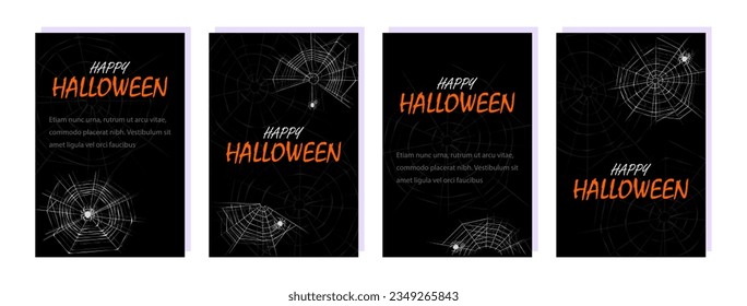 Set of Halloween posters with spider web. Abstract textured line cobwebs with spiders isolated on black backdrop. Banner templates with copy space. Vector illustration