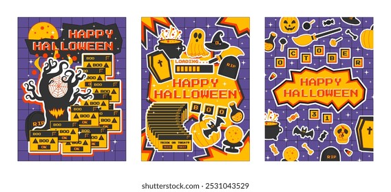 Set of Halloween posters in trendy y2k style. Poster with pixel lettering Happy Halloween. Vector template for banner, post, cover