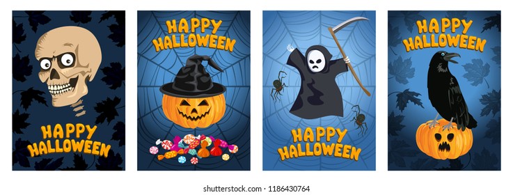 Set of Halloween Posters. Vector cartoon illustration of Halloween pumpkin in witch hat, skull, Grim Reaper and black crow on dark background. Collection of greeting cards, banners or invitations.