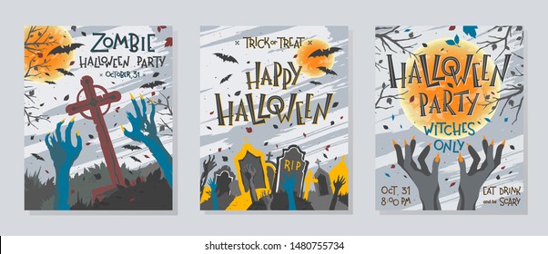 Set of Halloween posters with zombie or witch hands,graveyard,full moon,dead trees and bats.Halloween design perfect for prints,flyers,banners invitations,greetings.Vector Halloween illustration.