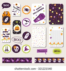 Set Halloween printable cards, banners, stickers and notes with cartoon Cartoon cute pumpkins, ghosts, witches, bats, bones, stars. Vector illustration