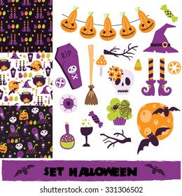 Set Halloween printable cards, banners, stickers and notes with cartoon cute pumpkins, ghosts, witches, bats, bones, stars. Vector illustration