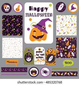 Set Halloween printable cards, banners, stickers and notes with cartoon cute pumpkins, ghosts, witches, bats, bones, stars. Vector illustration