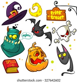 Set of Halloween pumpkin and attributes. Witch cat, witch hat, moon,monster, pumpkin head,book of spells, skull and bat