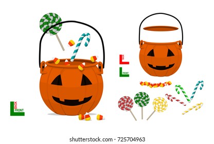 Set of Halloween pumpkin basket and candy on transparent background. Easy to create your composition by yourself
