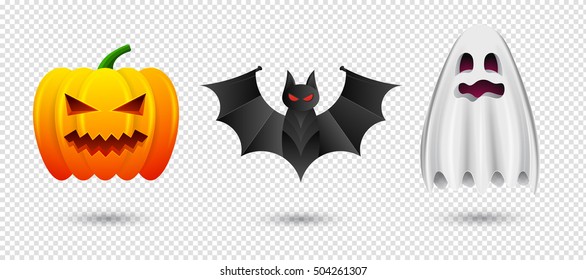 Set of halloween pumpkin, bat and ghost icons. Vector illustration isolated on transparent background for Happy Halloween