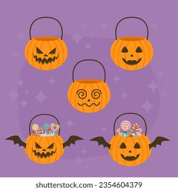 Conjunto de baldes de calabaza de Halloween con caramelos. Ilustración de diseño plano.