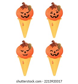 Set of Halloween pumpkin with carved face. Different emotions. Halloween holiday concept. Stock vector illustration of pumpkin head in the form of ice cream in a waffle cup. Isolated white background.
