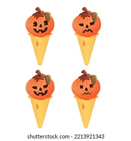 Set of Halloween pumpkin with carved face. Different emotions. Halloween holiday concept. Stock vector illustration of pumpkin head in the form of ice cream in a waffle cup. Isolated white background.