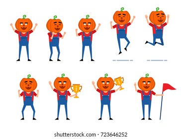 Set of halloween pumpkin character showing various success actions. Funny monster jumping, celebrating, holding golden cup and showing other actions. Flat vector illustration