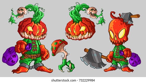 Set of Halloween pumpkin characters in colorful cartoon style. Vector Halloween characters.