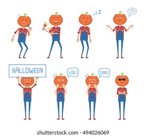 Set of Halloween pumpkin characters posing in different situations. Cheerful Halloween monster karaoke singing, dancing, sleeping, thinking, laughing, surprised. Simple style vector illustration
