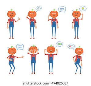 Set of Halloween pumpkin characters posing in different situations. Cheerful Halloween monster talking on phone, thinking, pointing up, laughing, crying. Simple style vector illustration