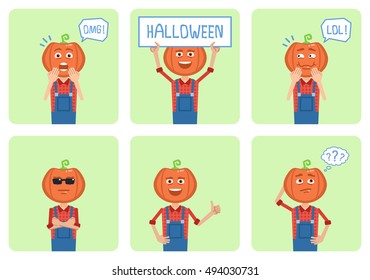 Set of Halloween pumpkin characters posing in different situations. Cheerful Halloween monster laughing, thinking, surprised, serious, holding placard. Simple style vector illustration