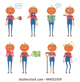 Set of Halloween pumpkin characters posing in different situations. Cheerful pumpkin monster holding beer mug, photo camera, magnifier, reading map, book, injured, dizzy. Flat vector illustration