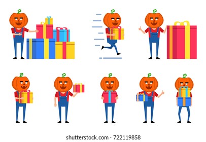 Set of halloween pumpkin characters posing with gift box in various situations. Funny monster holding present, running and showing other actions. Flat vector illustration
