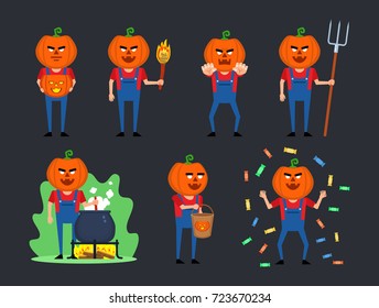 Set of halloween pumpkin characters showing various actions. Funny monster holding bucket, torch, pitchfork, cooking in pot and showing other actions. Flat vector illustration