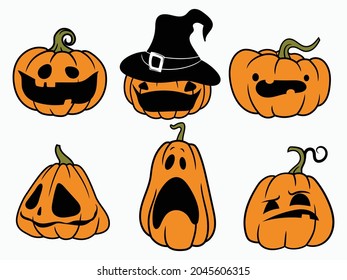 Set of halloween pumpkin. Collection of smiling pumpkins with witch hats. Scary holiday. Jack Lantern attribute. Vector illustration on white background. Tattoo.