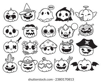 Set of halloween pumpkin. Collection of smiling pumpkins in witch, pirate hat, mummy and other creepy characther. Scary holiday. Jack Lantern attribute. Vector illustration on white backgund.