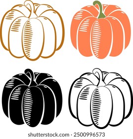 Set of Halloween Pumpkin Design Elements, in black and white and colour on a white background