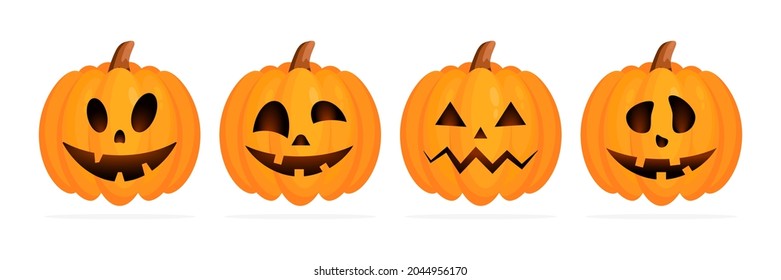 Ponga la calabaza de Halloween con diferentes emociones faciales. Cute colección de calabazas para las vacaciones de otoño. Vector aislado en blanco	
