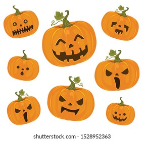 Set of halloween pumpkin with different faces horror scary vector illustration graphic design isolated on white background.