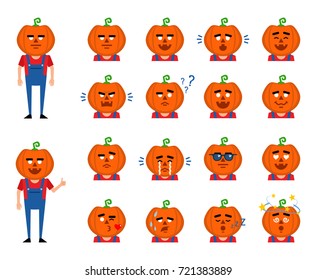 Set of halloween pumpkin emoticons showing various facial expressions. Happy, sad, angry, surprised, tired, dazed and other emotions. Flat vector illustration